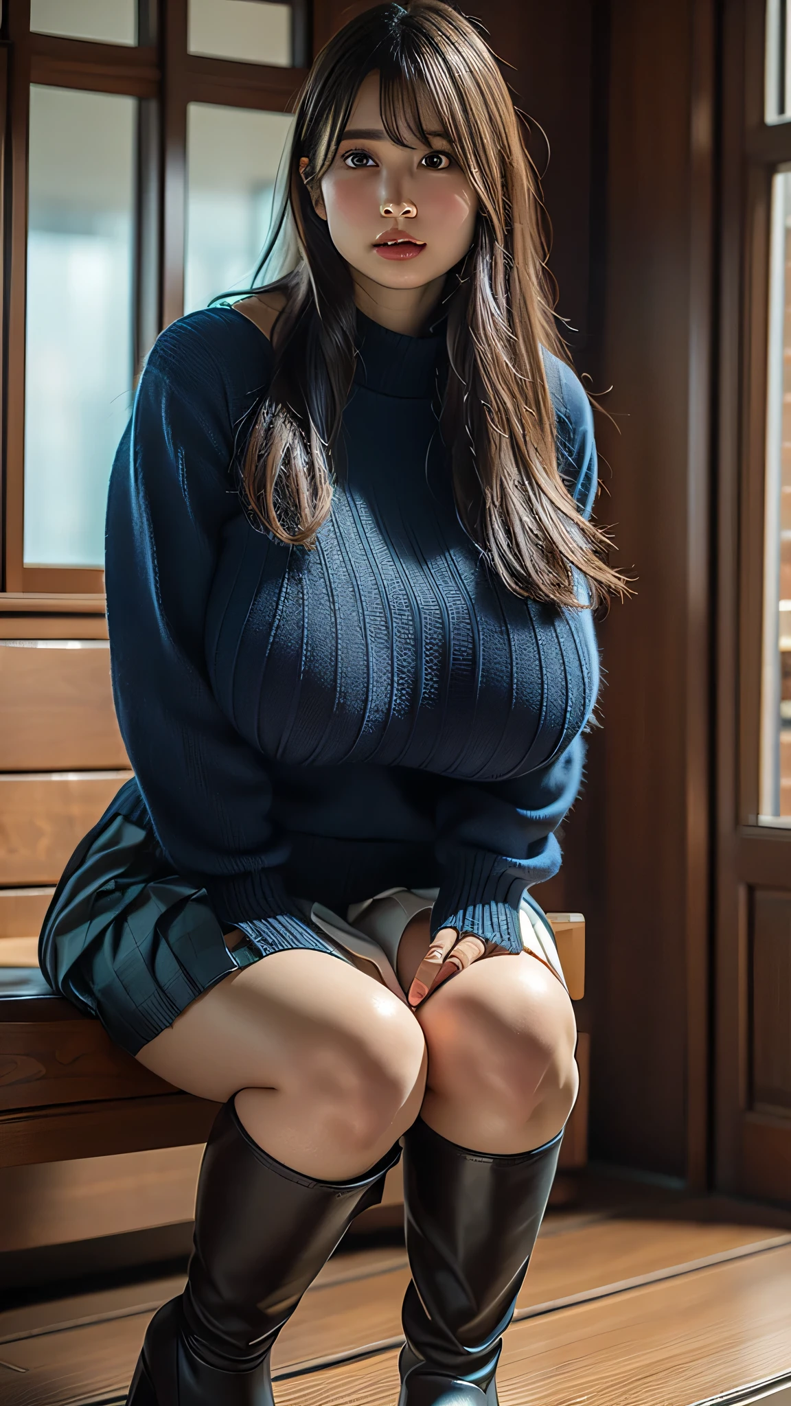 8k,Highest quality, Tabletop, Ultra-detailed, 超High resolution, Realistic, RAW Photos, absurdes, The absolute solution, One Girl, alone,Upper Body Shot, View your viewers,Young and beautiful woman in Japan, Super cute face, Attractive person, Large Breasts , Long Bob Hair ,smile,(Pleated skirt, Cashmere sweater, Knee-high boots:1.3), Explore new destinations, Cultural Immersion, wanderlust, Breathtaking views, Global Adventure, memorable experiences ,Glossy Lips, Double eyelids on both eyes, Natural Makeup, Long eyelashes, Shiny and smooth light brown long bob hair, Asymmetrical bangs, Glowing Skin, Center image, High resolution, Attention to detail, Detailed hairstyle, Detailed face, Great cinema lighting, Octane Rendering, Vibrant, ultra-realistic, Perfect limbs, Perfect Anatomy