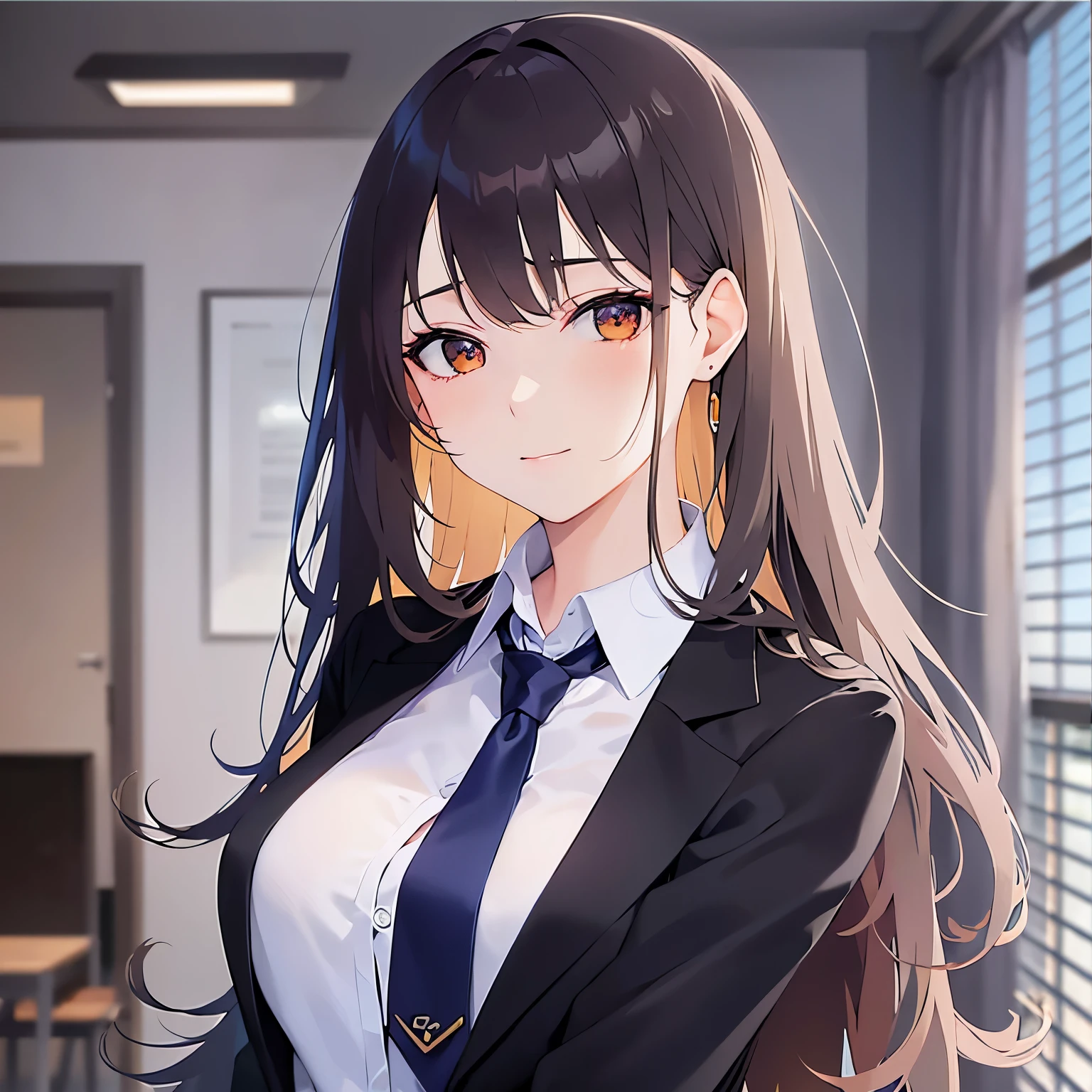 Upper Body, Realistic, real person, (pale skin: 1.2), RAW photo, photorealistic, shiny skin, shiny hair、(A 2 woman with medium-length hair and bangs) and (wavy hair) and (brown hair) and (orange eyes), (business suit:1.5) and (white collared shirt) 、Sad smile, Background is an office room、Alone、Are standing