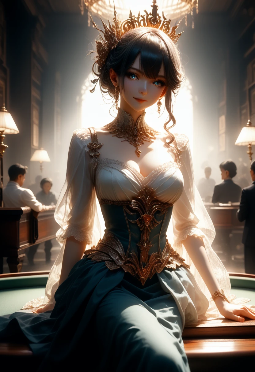 anime girl, sexy, beautiful, light makeup, Larger Than Average Breasts, Dressed in a Beautiful Sarafan, decorations, sparkles, smiling, Hairstyle Voluminous, Very sexy figure, Stands in the Billiard Club, Around People, They look at her, light of lamps, dynamic shadows, bright colors, Clear drawing of details, A game of shadows, masterpiece, sparkles и Блеск присутствует на красивых Туфлях и платье,score_9,score_8_up,score_7_up,dramatic lighting,highly detailed,high budget,bokeh,cinemascope,moody,epic,gorgeous,film grain,grainy,masterpiece,best quality,perfect anatomy,very aesthetic,official art,8k,