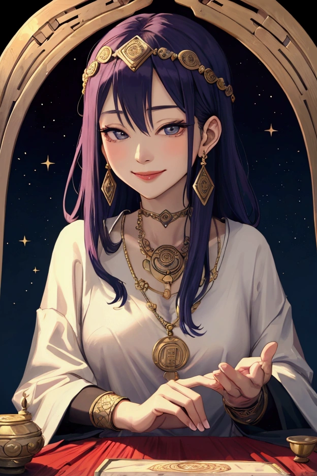 fortune teller、woman、mysterious、beautiful、Mature、Coaching、nice、Calm、antiquity、clear、Smile