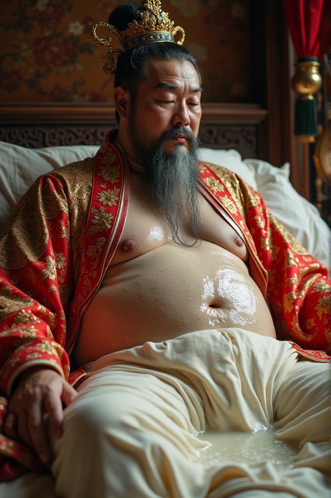 Chinese emperor, crotch drenched in milky mucus, laying in bed