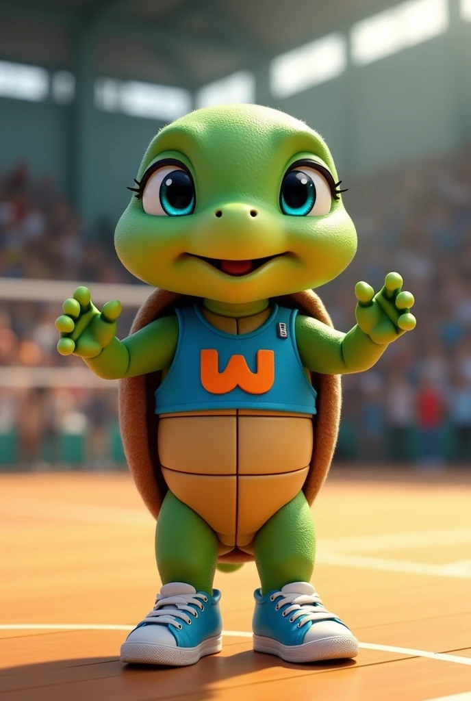 Waku, an adorable turtle with vibrant green skin and a rich brown shell, looks up with bright blue eyes shining with excitement, as if celebrating a triumphant spike, stands on a modern indoor volleyball court with polished wooden floors, waving and introducing himself to the spectators, wearing a blue tank top with a stylized orange lowercase "W" logo on the chest, his tiny tennis shoes laced up and ready for the next service, capturing the essence of his spirit. cheerful and competitive, with soft, warm lighting that casts a comforting glow on the overall scene. He is greeting the public