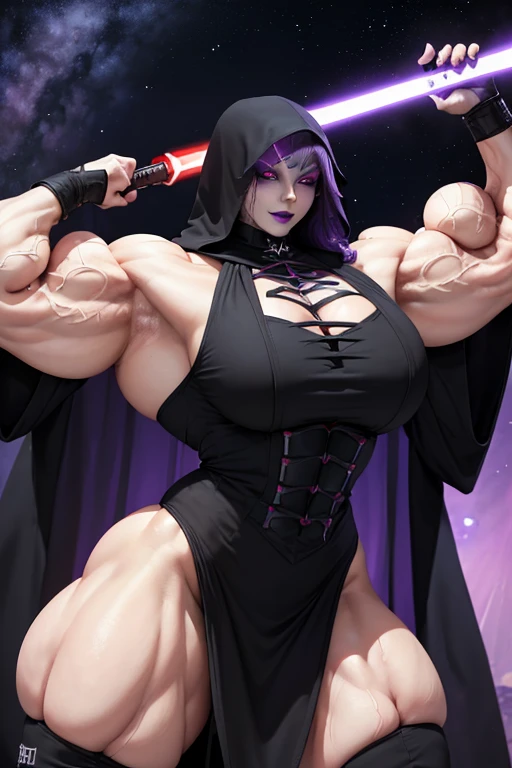 ((Massive, tall, beautiful, buff, muscular pale white skinned asian female Sith Lord with violet purple hair, black lipstick, ginormous bulky muscles, carrying a red lightsaber and wearing a long hooded gothic tiered dress)), ((close view)), black eyeliner, massive muscles, massive biceps, hyper muscle triceps, long hair with long bangs, (((glowing black eyes))), (long hooded gothic tiered dress), thigh high boots, In space, nighttime, (evil smile), hyper muscles arms, hyper muscle legs, massive arms