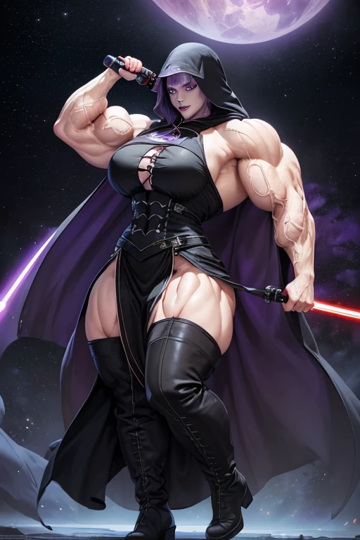((Massive, tall, beautiful, buff, muscular pale white skinned asian female Sith Lord with violet purple hair, black lipstick, ginormous bulky muscles, carrying a red lightsaber and wearing a long hooded gothic tiered dress)), ((close view)), black eyeliner, massive muscles, massive biceps, hyper muscle triceps, long hair with long bangs, (((glowing black eyes))), (long hooded gothic tiered dress), thigh high boots, In space, nighttime, (evil smile), hyper muscles arms, hyper muscle legs, massive arms