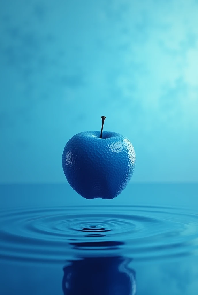 A blue apple, floating on blue water, close shot, blisters