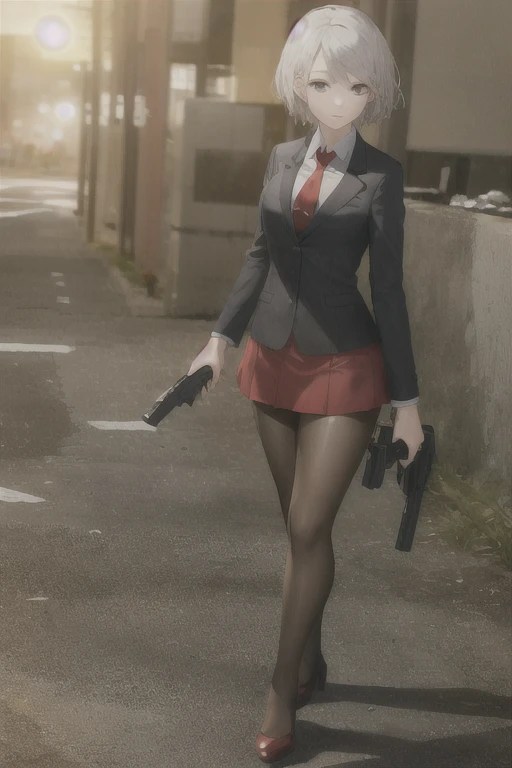 Highest quality、Ultra HD、One Woman、(Silver short hair)、(Red Blazer 1.3)、(Red tie)、(shirt)、(Red Heels 1.1)、((Red Mini Tight Skirt))、((Black Tights 1.2))、((1 holding a gun in both hands.5))、stylish、Beautiful Face、(Black Belt 1.2)、2 female、Glamorous Body、(Sunset slum background 1.2)、((Clear and beautiful touch))