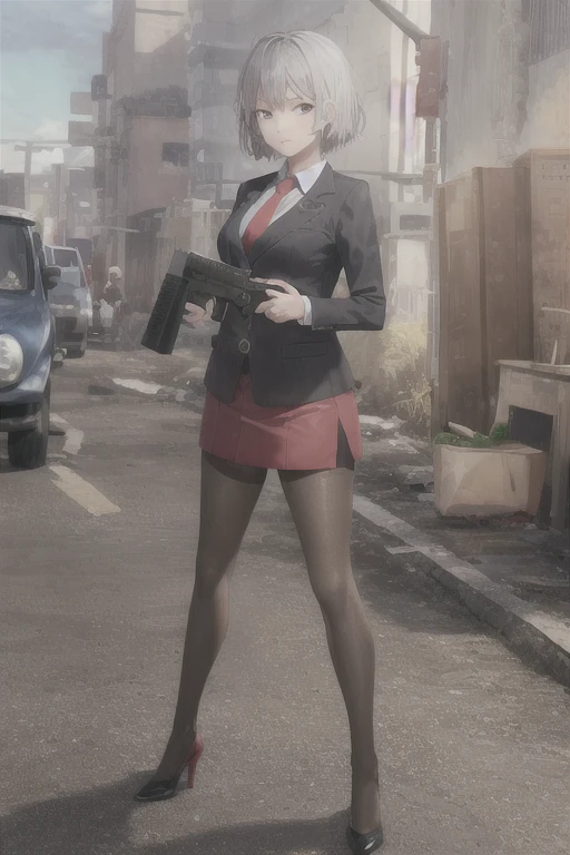 Highest quality、Ultra HD、One Woman、(Silver short hair)、(Red Blazer 1.3)、(Red tie)、(shirt)、(Red Heels 1.1)、((Red Mini Tight Skirt))、((Black Tights 1.2))、((1 holding a gun in both hands.5))、stylish、Beautiful Face、(Black Belt 1.2)、2 female、Glamorous Body、(Sunset slum background 1.2)、((Clear and beautiful touch))