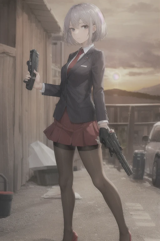 Highest quality、Ultra HD、One Woman、(Silver short hair)、(Red Blazer 1.3)、(Red tie)、(shirt)、(Red Heels 1.1)、((Red Mini Tight Skirt))、((Black Tights 1.2))、((1 holding a gun in both hands.5))、stylish、Beautiful Face、(Black Belt 1.2)、2 female、Glamorous Body、(Sunset slum background 1.2)、((Clear and beautiful touch))
