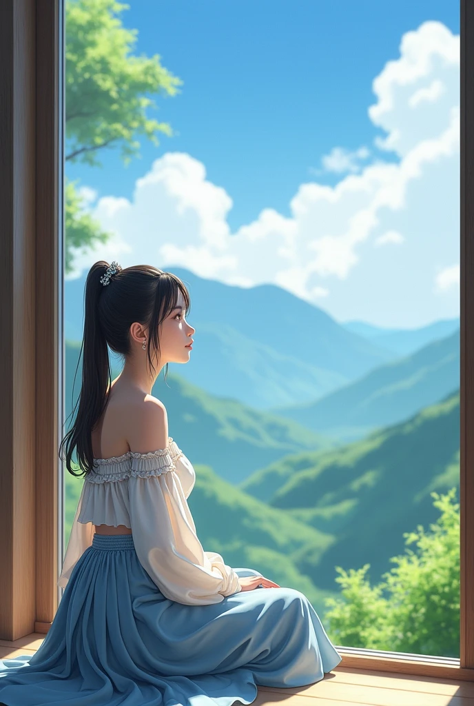 A realistic, live-action scene featuring a young woman sitting by a large open window, bathed in soft, natural light. She has long, dark hair tied back in a loose ponytail with a delicate hair accessory. She wears a flowing off-shoulder white blouse and a light blue skirt with intricate folds. The woman gazes outside with a serene expression, her posture relaxed as she rests against the window ledge. Beyond her, the window frames a breathtaking landscape of rolling green hills and towering mountains under a bright blue sky filled with fluffy white clouds. The sunlight casts gentle shadows in the room, illuminating the peaceful scene with warmth. The overall atmosphere is calm and reflective, with the lush greenery and distant mountains creating a stunning natural backdrop