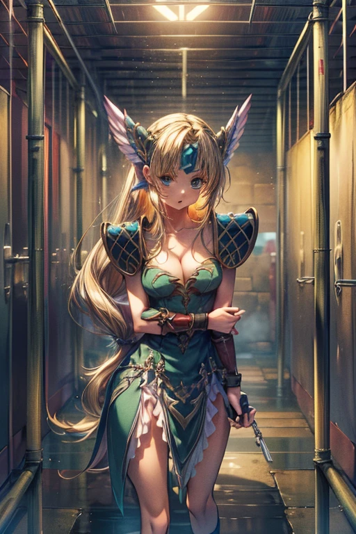 (masterpiece, Highest quality:1.2), Cowboy Shot, alone, one person, Riesz,  View your viewers,, Long hair tied low, Winged Helmet,green dress, armor, shoulder armor, Bridal Gauntlet, Cleavage,(In the prison cell:1.4),(Iron bars in front:1.8)