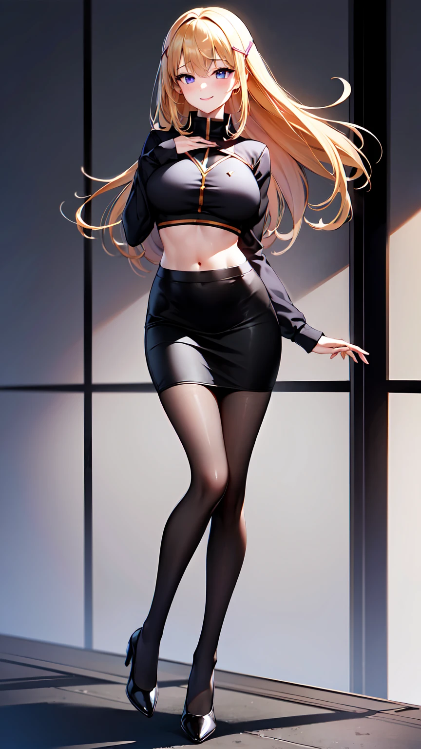 （（super high quality,））（（Ultra-high resolution,））（16K,）（super masterpiece,）（（Ultra HD ,））（Detailed shading,）One sexy woman,Black shirt,Long sleeve,Black tight skirt,Purple Stockings,smile,