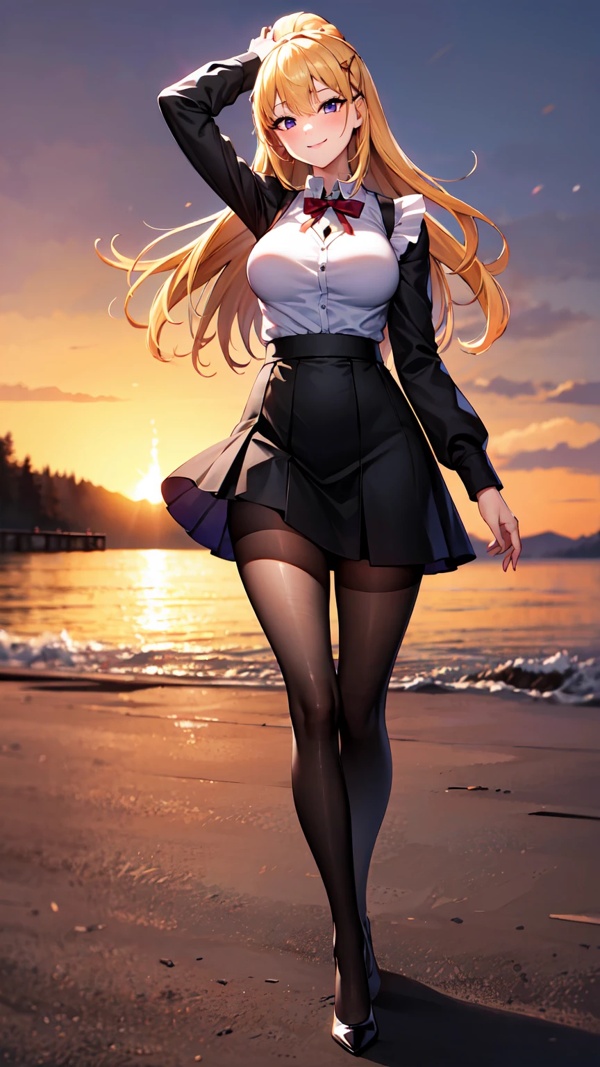 （（super high quality,））（（Ultra-high resolution,））（16K,）（super masterpiece,）（（Ultra HD ,））（Detailed shading,）One sexy woman,Black shirt,Long sleeve,Black tight skirt,Purple Stockings,smile,