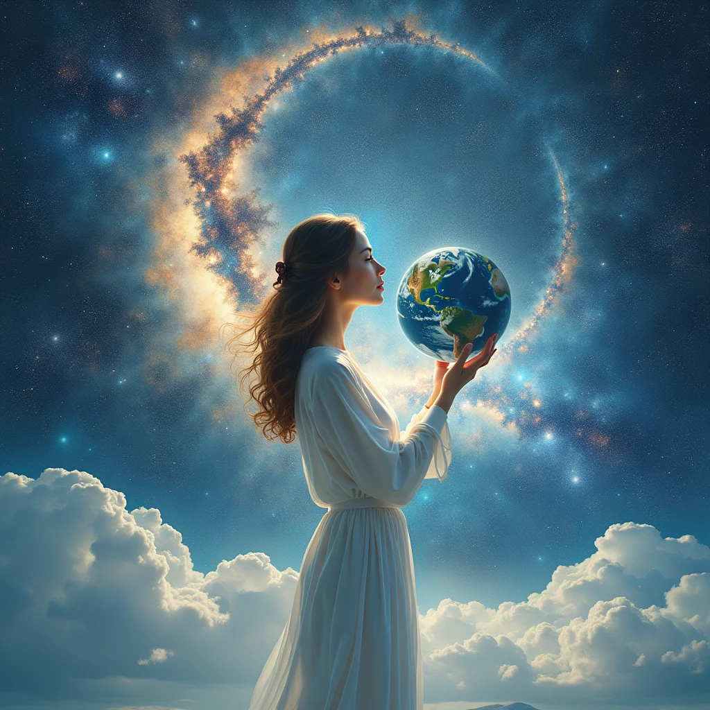 masterpiece、Highest quality、Highest quality、Detailed Description、beautiful、art、Watercolor、Epic、壮大なuniverse、母なるuniverseに抱かれる地球、母なるuniverse、Milky Way、Woman holding the earth、A woman in white clothes holds the earth、壮大なuniverse、universe、4K Graphics