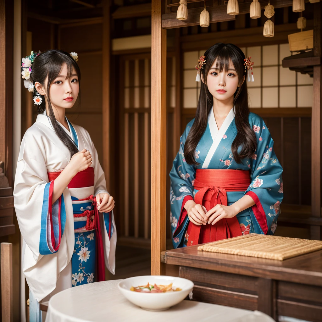 ((Highest quality、Tabletop、8k、Best image quality))、Japanese Shrine maiden of the Edo period、Japanese hair ornaments、Shrine maiden&#39;White、Shrine maiden千早、Shrine maiden&#39;Red too、long Red too、perfect red and white Shrine maiden costume、The atmosphere of ancient Japan、classic and classic Shrine maiden、Classic atmosphere、Depiction of the film、classic Shrine maiden、Full of Japanese atmosphere from the Edo period、Look at me、Elegant smile、Upper body photo、Perfectly recreates the atmosphere of Japan during the Edo period、halo、High quality,Japanese idol,18yo,expressionless,look at viewer,medium bob hair, brown hair,Colorful flower crown in primary colors, brown eyeshadow, light pink cheek,eyeliner, beige lipstick, glossy lips, pink dress with frills and lace, colorful flower petals in primary colors, detailed hair, slightly tousled hair, detailed eyelash,detailed skin pores,low angle,blue background,natural lighting