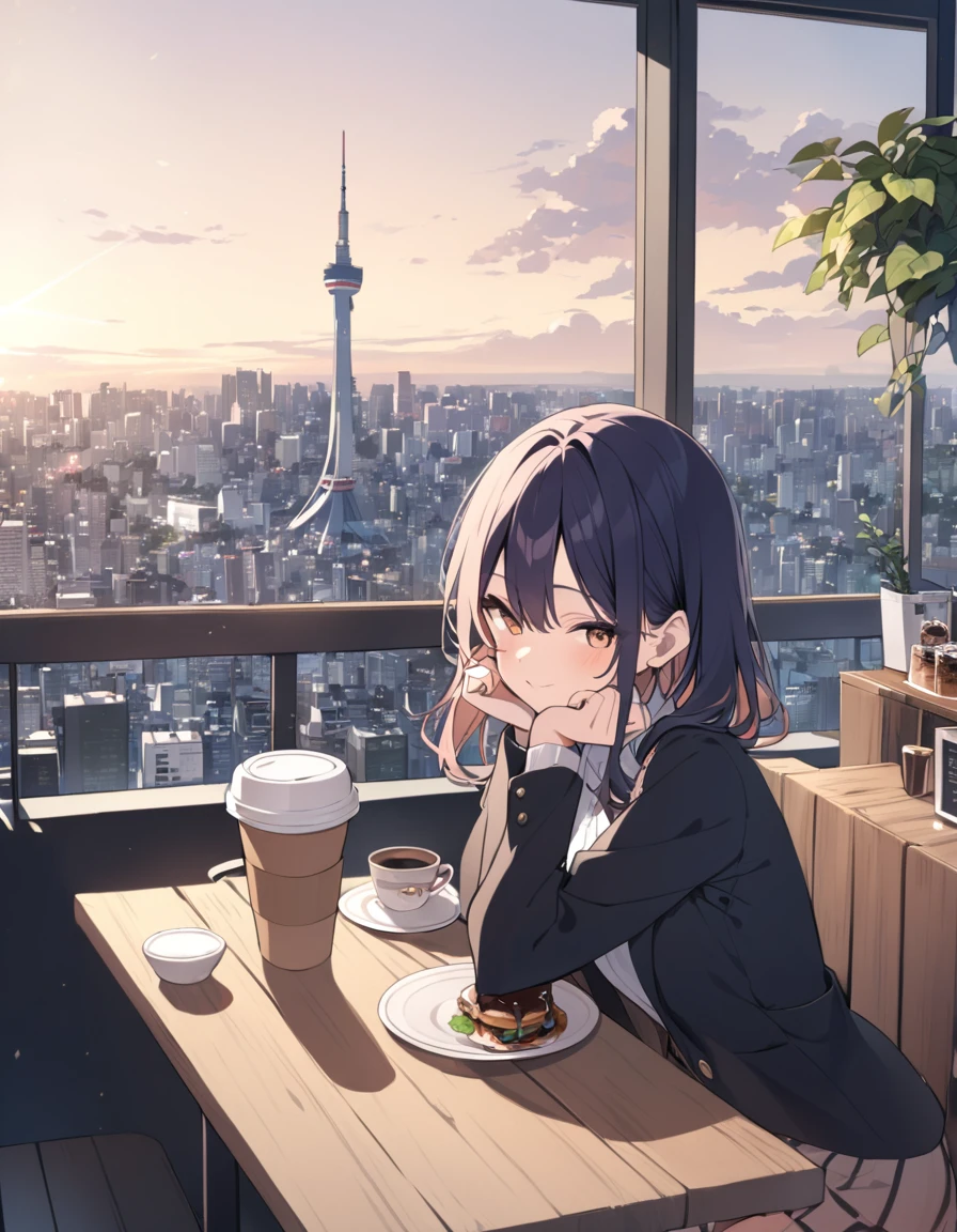 A woman in a cafe with a view of downtown Tokyo