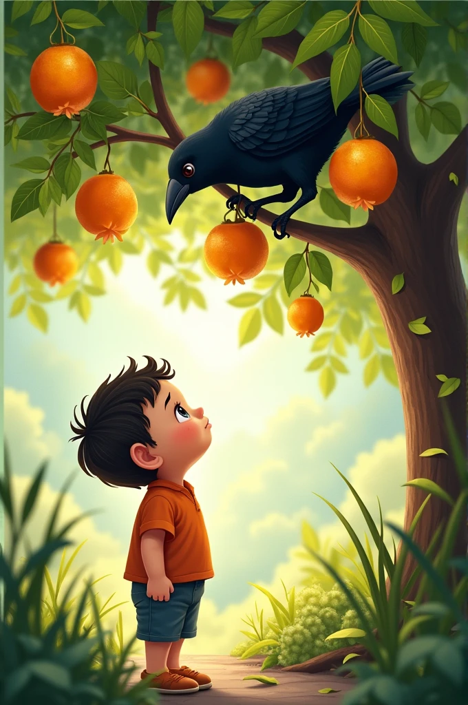 Draw me a picture , chubby boy standing watching crow eating star fruit on tree