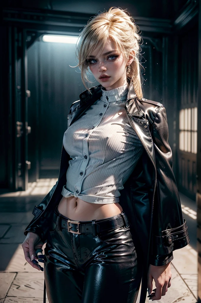 cowboy shot,a pretty 2 girl,blond hair,blue eyes,lora_Emma,slim athletic body,tight and stretched white blouse with buttons,button gap,short sleeves,ultra low rise black shiny latex pants,(double metal belt),empty studiobackground,((black coat on shoulders)),(best quality,4k,8k,highres,masterpiece:1.2),ultra-detailed,(realistic,photorealistic,photo-realistic:1.37),dramatic lighting,cinematic,fashion photography,studio lighting,high contrast,vivid colors,beautiful detailed eyes,beautiful detailed lips,extremely detailed eyes and face,long eyelashes, touching hair