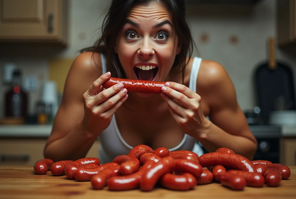 put sausage in mouth,Heaps of sausages in both hands,muscular woman Eating cock battle contest,in kitchen stadium,