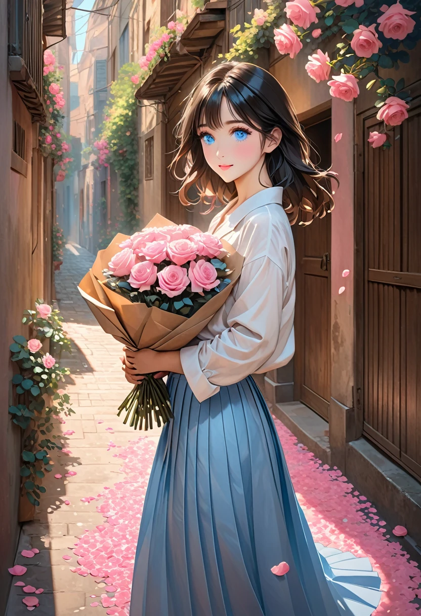 The image depicts a character with shoulder-length, light black hair, blue eyes,holding a bouquet of pink roses wrapped in brown paper. The setting appears to be a narrow alleyway or street, with soft light casting warm tones. Pink flower petals are scattered on the ground and gently floating in the air, enhancing the romantic and serene atmosphere. The character is dressed in a white shirt and a pleated skirt, with their arms cradling the bouquet gently.