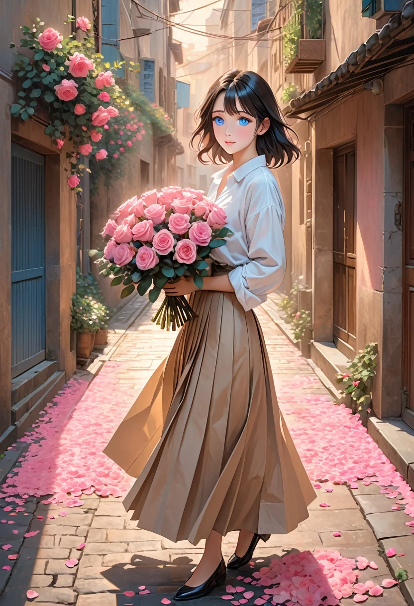 The image depicts a character with shoulder-length, light black hair, blue eyes,holding a bouquet of pink roses wrapped in brown paper. The setting appears to be a narrow alleyway or street, with soft light casting warm tones. Pink flower petals are scattered on the ground and gently floating in the air, enhancing the romantic and serene atmosphere. The character is dressed in a white shirt and a pleated skirt, with their arms cradling the bouquet gently.