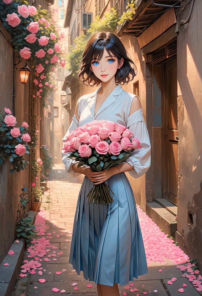 The image depicts a character with shoulder-length, light black hair, blue eyes,holding a bouquet of pink roses wrapped in brown paper. The setting appears to be a narrow alleyway or street, with soft light casting warm tones. Pink flower petals are scattered on the ground and gently floating in the air, enhancing the romantic and serene atmosphere. The character is dressed in a white shirt and a pleated skirt, with their arms cradling the bouquet gently.