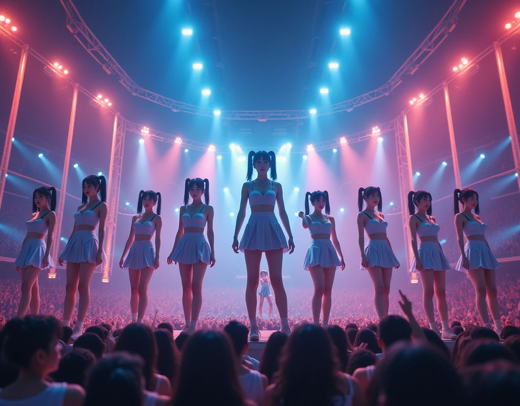 (masterpiece, best quality), high contrast, (4girls:1.2), anime wallpaper, lineup, Multiple_girls, idol outfits, (long skirt, frilly skirt:1.1), (from behind:1.2), stage, stage lights, concert, (crowd:1.1), dynamic pose, standing, woman, (headphones:1.1), (jacket, off shoulder jacket, sleeveless top:1.1), collared top, short hair, medium hair, sharp focus, light particles, (wide shot), sfw, detached collar, backboob, pantyhose, masterpiece, main stage, Korean girl band, mini dresses, crowd, cinematic, 5girls, lineup, Group_picture, multiple girls,