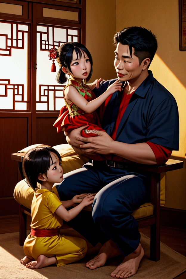 Filipino man with Chinese wife telling stories with their 1 son and 2 daughters in a FIlipino house