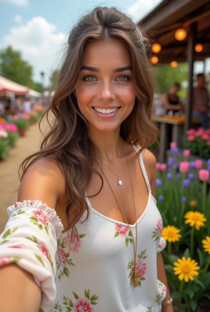 Arafed Femme portant un débardeur blanc et un collier, Fille sexy aux yeux verts, Portrait Sophie Mudd, cheveux bruns et grands yeux, selfie d'une jeune femme. Explore un festival de fleurs au printemps. Elle porte une blouse légère et un pantalon en lin avec des motifs floraux, parfait pour la saison. Ses cheveux bruns sont en un chignon délicat, et elle a un maquillage naturel avec une touche de blush. En prenant un selfie, elle est entourée de parterres de fleurs colorées et de stands de jardinage. Les fleurs en pleine floraison ajoutent une touche vibrante à l’arrière-plan. Son sourire est lumineux et heureux, capturant la beauté et la joie du printemps.