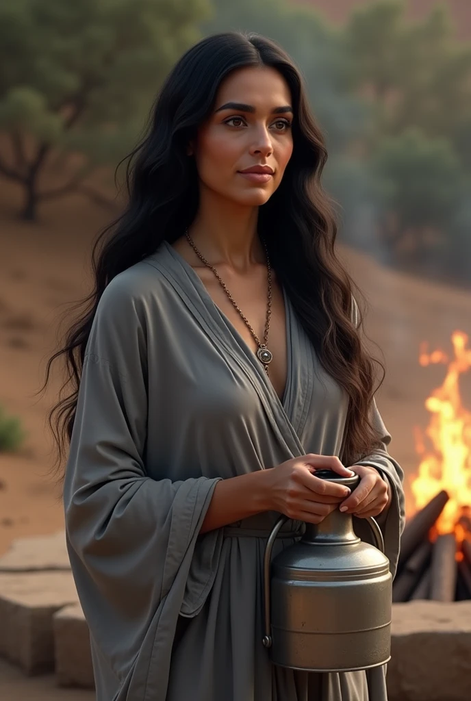 Photorealism woman aged 45 years ,long black hair thick eyebrows, Egyptian origin ,wearing a long-sleeved flowing gray dress, holding a metal water jug ,near the outdoor fire pit 