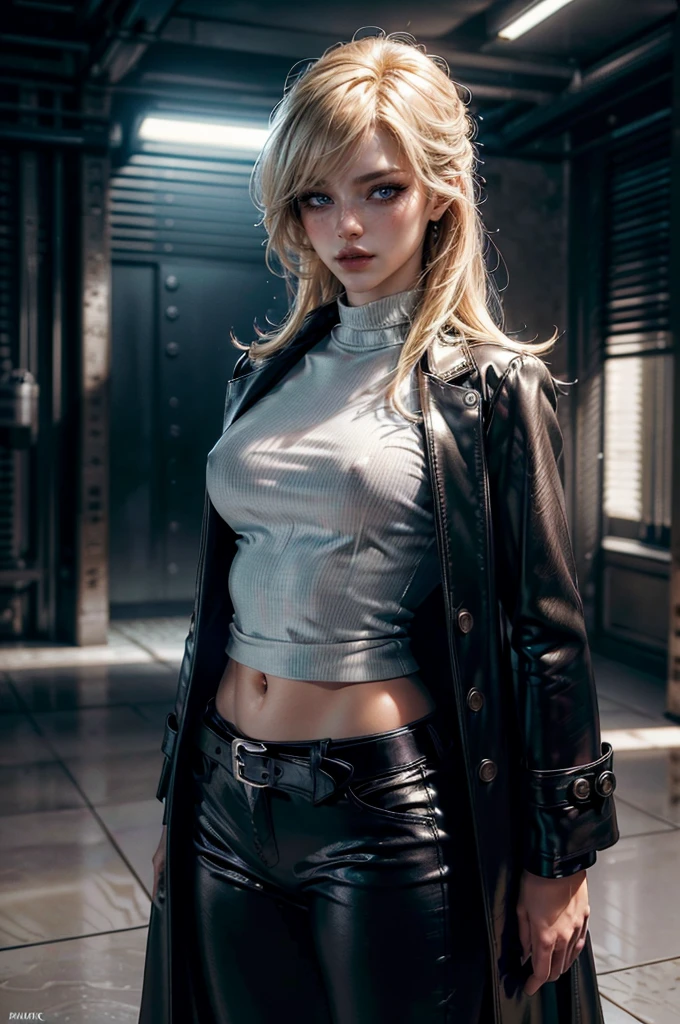 cowboy shot,a pretty 2 girl,blond hair,blue eyes,lora_Emma,slim athletic body,tight and stretched white blouse with buttons,button gap,short sleeves,ultra low rise black shiny latex pants,(double metal belt),empty studiobackground,((black coat on shoulders)),(best quality,4k,8k,highres,masterpiece:1.2),ultra-detailed,(realistic,photorealistic,photo-realistic:1.37),dramatic lighting,cinematic,fashion photography,studio lighting,high contrast,vivid colors,beautiful detailed eyes,beautiful detailed lips,extremely detailed eyes and face,long eyelashes, touching hair