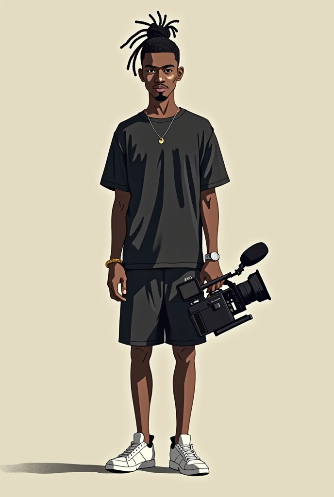 Create a minimalist illustration with solid colors and no shadows, featuring a tall, slim black young man, approximately 1.85m in height, holding a Sony a7iii-style camera with filmmaking accessories like a cage, microphone, and monitor. He has around 50 thin dreadlocks tied up on the top of his head, with the sides shaved. He is wearing a black T-shirt, black shorts, and white sneakers, all in solid colors with no shading. His skin is a solid dark brown, and he has a silver bracelet on his left wrist and a Casio watch on his right wrist. His facial hair consists of a blonde mustache and goatee. The background is simple and muted, keeping the focus on the figure and the camera gear.