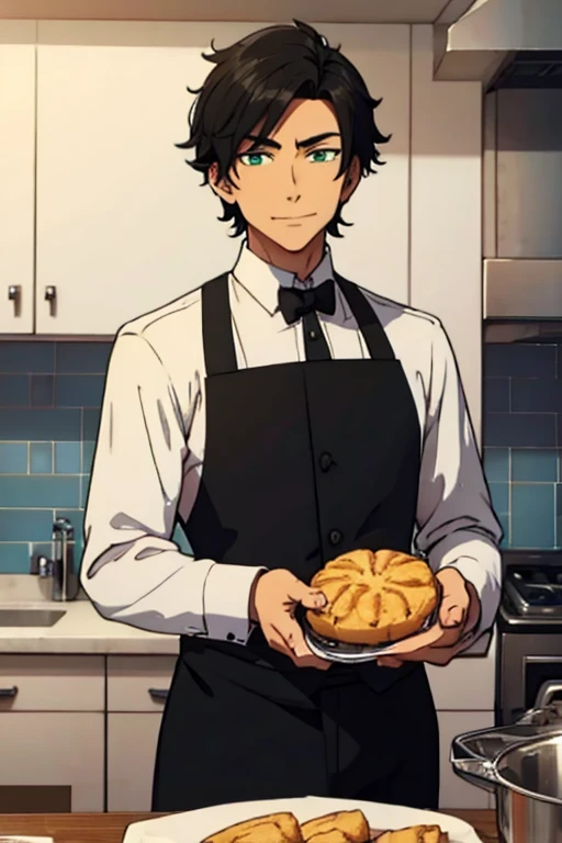 Perfect face. Perfect hands. A handsome black haired man with green eyes and short hair in a butler's uniform is smiling while baking scones in a fancy kitchen