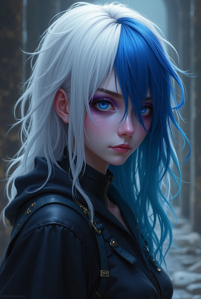 Human female with purple gray skin tone blue eyes and white blue hair traumatized and slightly emo with her hair obscuring half of her face dungeons and dragons rpg style