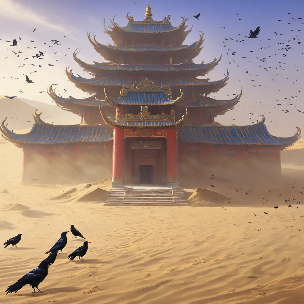Desert Gobi，Chinese temple desolate crows