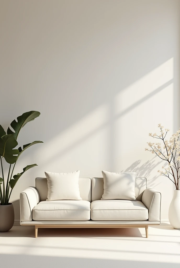 Generate a wide-angle view of a minimalist living room furnished with a single sofa, wall paintings, and subtle decor like leaves and flowers. The room should be simple yet elegant, with the focus on the overall space rather than close-up details. The view should capture the sofa, paintings on the wall, and floral decor in a well-balanced layout.