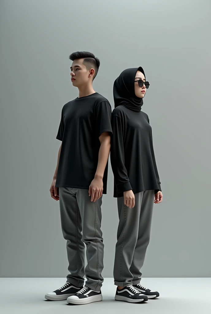 (photorealism:1.2), 1 Indonesian man sitting in white box , (short) and short ,haircut (short slicked back) ,memakai kaos hitam dan gray jeans casual shoes ,with a beautiful Indonesian woman next to him wearing a black hijab and a black t-shirt ,with black hand decker ,,gray jeans ,casual shoes ,the woman is wearing sunglasses ,background silver 