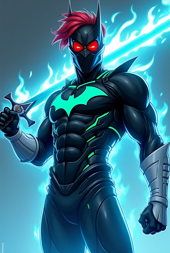 a male super hero that have flame power with red hair black armor green chest armor
short hair his shoulder plate sharp no cape white glove armor look like a ninja style
show his under part too chest has a logo of bat
then he had a sword that blue flame his helmet has sharp ear cover his entire face
with red glow eye glass
show his entire body and leg