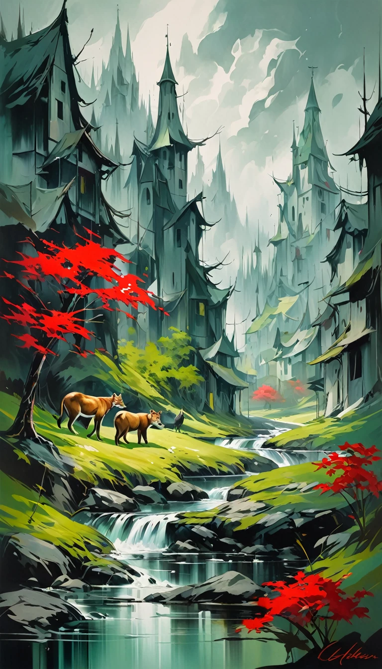 artist by Albert Oehlen,inside the village,wild animals,light tones,(smooth strokes),fine sketches,Vivid,Moody,Landscapes,Fantasy,Dark,landscape oil painting, red and green colors