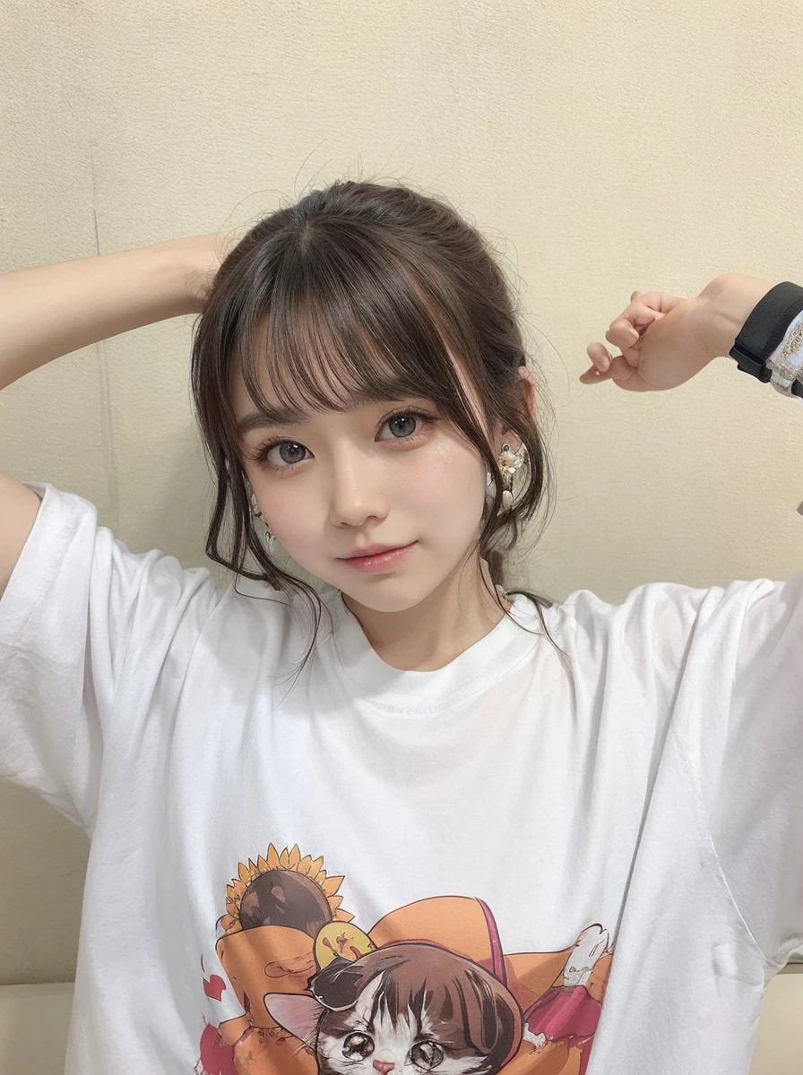 One person, chest, 大きなchest, , t shirt long hair, Brown Hair, belt、Cat paw cat ears, Earrings,