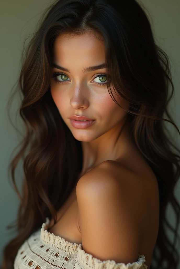 (Photorealism:1.2),beautiful girl with long wavy hair, yeux verts. She has tanned skin and is cute. pose sexy mi short Ultra réaliste. 4K