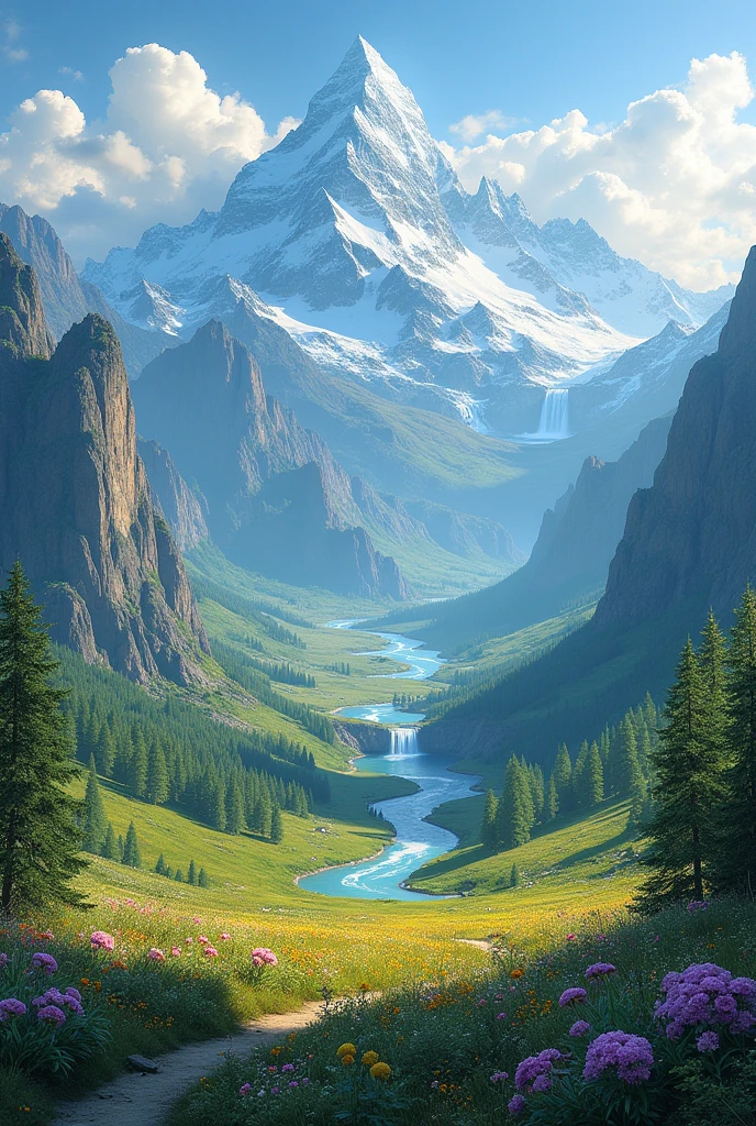 Create a landscape with forests and rivers, waterfalls and an icy mountain with the blazing sun with roads and a field of flowers with birds and animals.