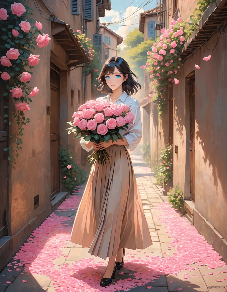 The image depicts a character with shoulder-length, light black hair, blue eyes,holding a bouquet of pink roses wrapped in brown paper. The setting appears to be a narrow alleyway or street, with soft light casting warm tones. Pink flower petals are scattered on the ground and gently floating in the air, enhancing the romantic and serene atmosphere. The character is dressed in a white shirt and a pleated skirt, with their arms cradling the bouquet gently.