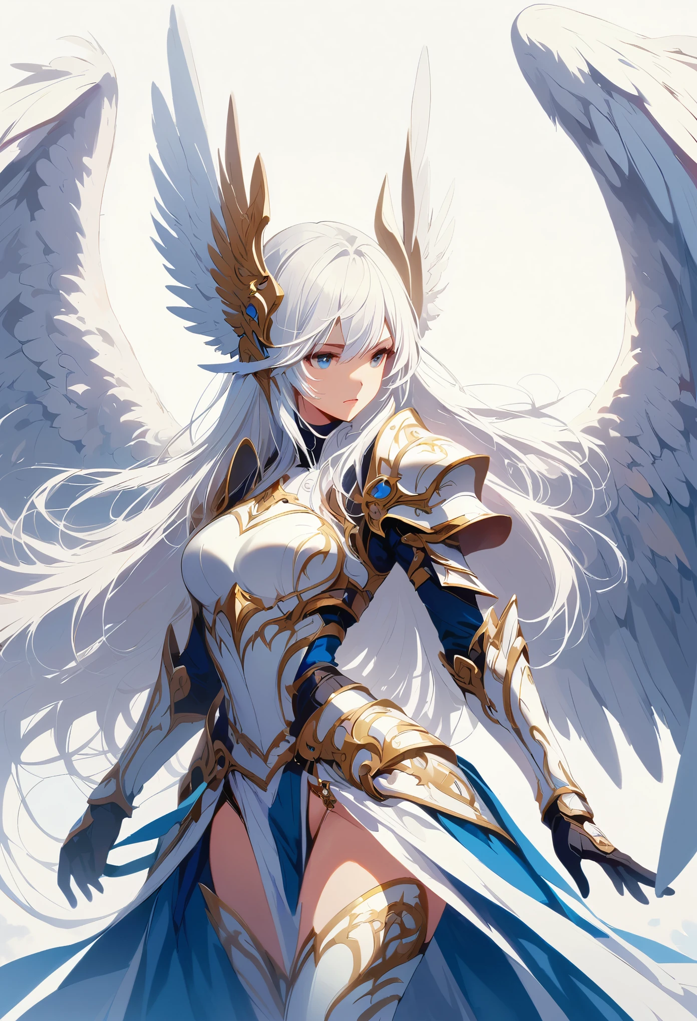 1girl angel angel_wings armor feathers_Long wing feathers_Hair Shoulder Armor Shoulder_Armor single piece_Upper wing separation_The body is white_Theme blue_Wings Wings Leg Armor