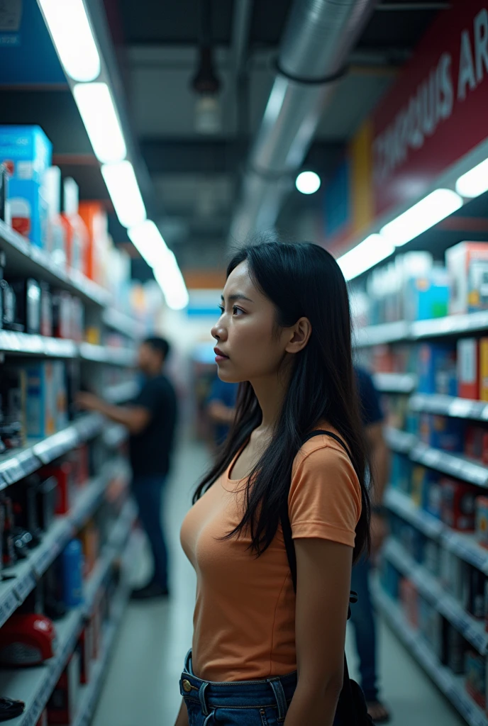 A Female Filipino thinking about buying a computer part for her computer at a computer mall shop store