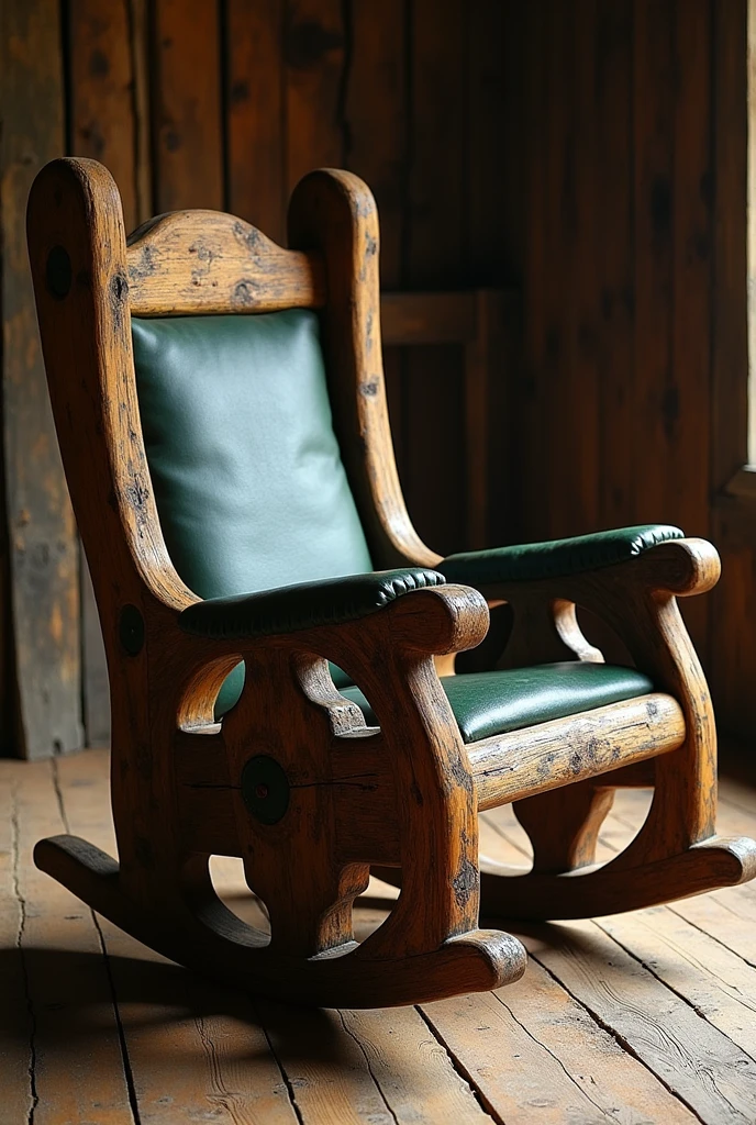 Rocking chair, of wood, rustic style. With large wheelbarrow wheels on its armrests, A comfortable, padded seat and backrest in dark green leather, and a wood full of openwork details made by a carpenter, with many decorations. Designed for an upper-class hobbit from the Lord of the Rings movie