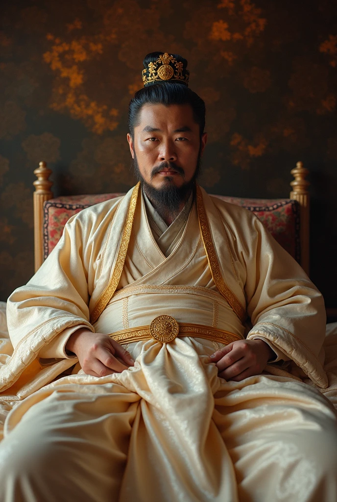 Thin Chinese emperor, crotch drenched in milky mucus, laying in bed