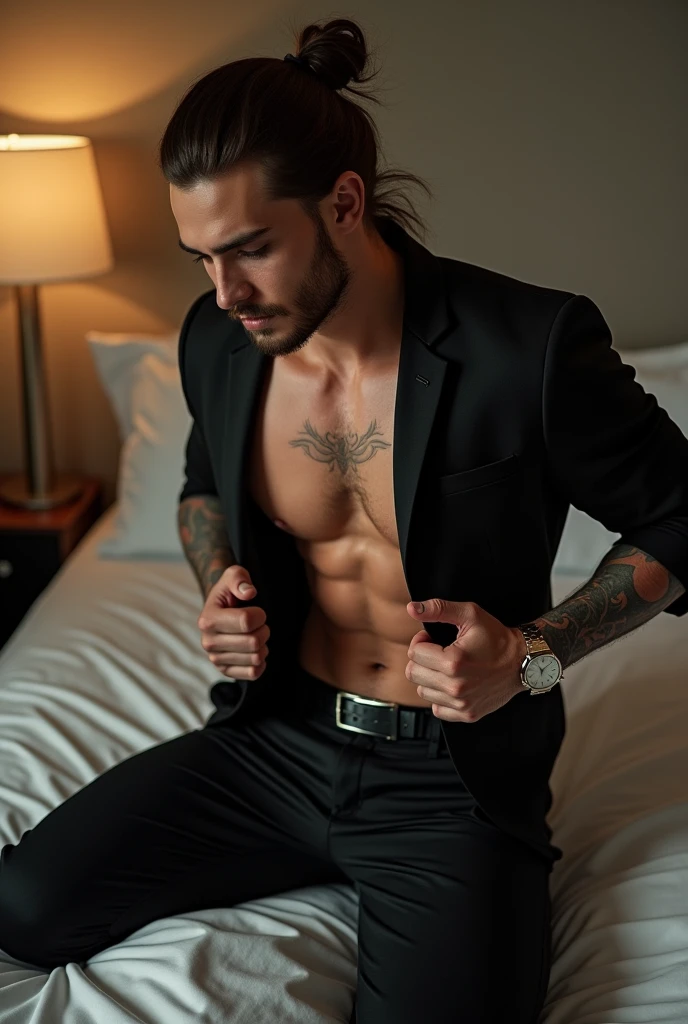 create dynamic poses and long-angle shots, a man on his knees is climbing into bed, Yaman pode, 20 year, long brown hair with bun, strong square chin, defined chin, bigode up to up to , strong muscular physique, he is taking off his shirt, wearing a black dress shirt, black dress pants with belt, tattooed arm and hand, expensive watch on wrist, with one hand inside his pants masturbating.