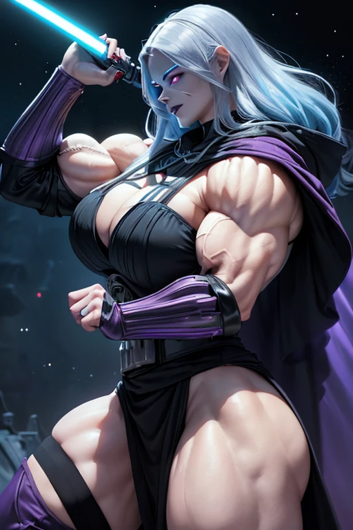 ((Massive, tall, beautiful, buff, muscular pale white skinned female Sith Lord with cyan hair, black lipstick, ginormous bulky muscles, carrying a red lightsaber and wearing a tiered gothic dress with a Sith hood)), (close view), black eyeliner, (massive muscles), massive biceps, hyper muscle triceps, long cyan beachy hair, (((glowing purple eyes))), ((tiered gothic dress)), thigh high boots, In space, (Sith hood), nighttime, (evil smile), hyper muscles arms, hyper muscle legs, massive arms