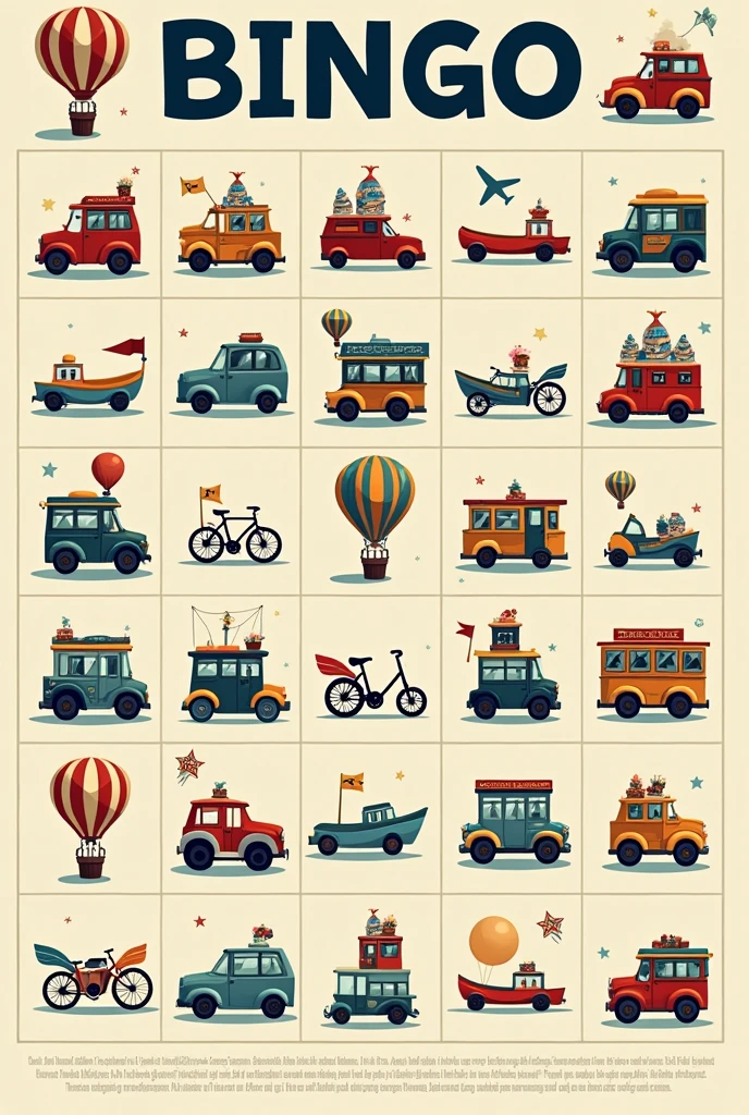 Bingo Card with Car, plane, train, rowboat, bike, balloon 