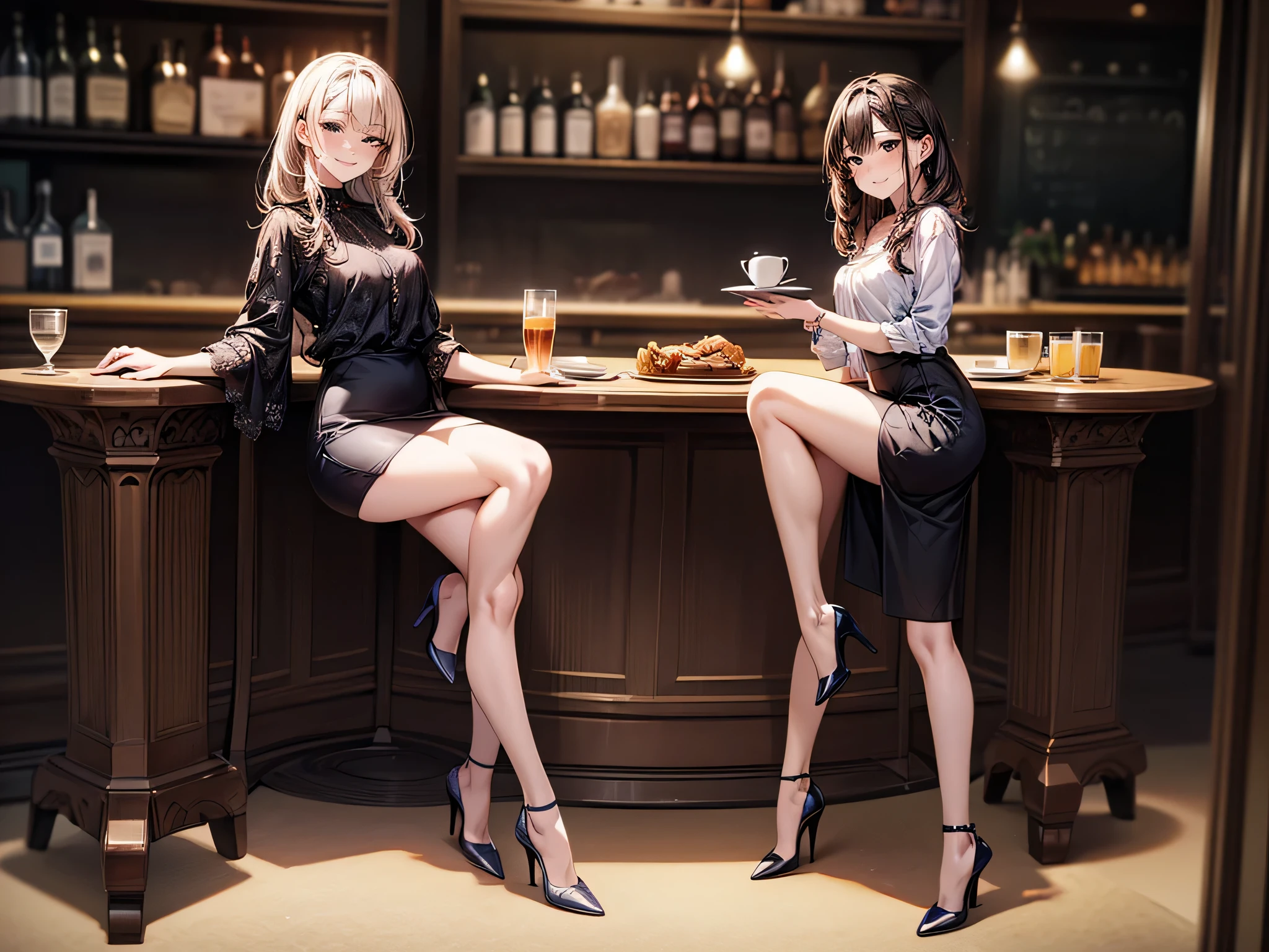 (masterpiece:1.3),(best quality, highest quality),((Full Body Shot,Including face)),girls,4K,masterpiece,((Focus on the face)),((Symmetrical facial features)),Beautiful woman,(slender),((High heels)),Detailed depiction of the face, Cafe ,bar,Casual wear,skirt,Age 25,kawaii, (illustration:1.3)